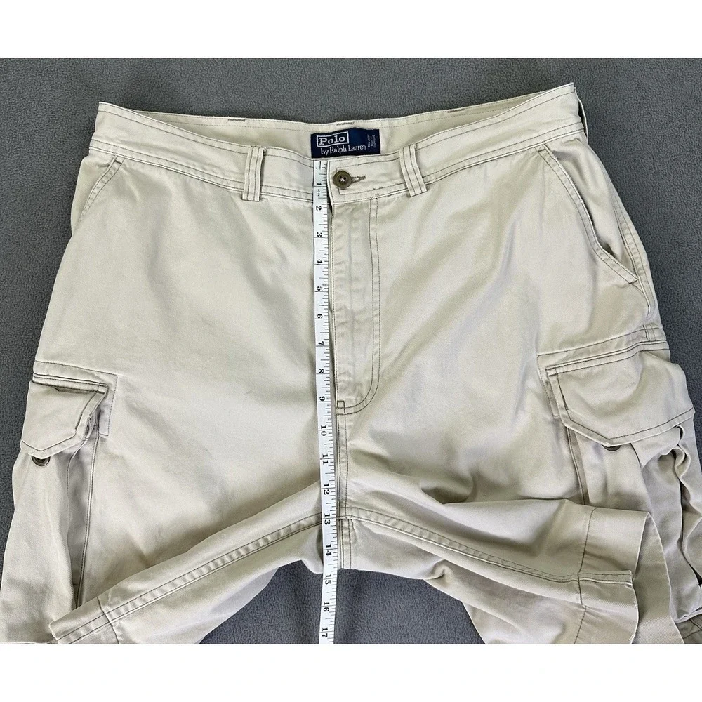 Polo Ralph Lauren‎ Cargo Shorts Mens 36 Light Beige Baggy Distressed Logo Y2K